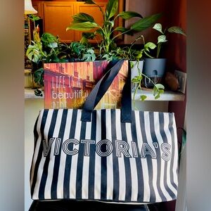 Victoria's Secret Black and White Striped Linen Tote Bag